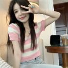 Short-sleeve Striped Knit Top Stripes - Pink - One Size