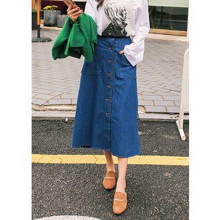 Dual-pocket Buttoned Denim Long Skirt