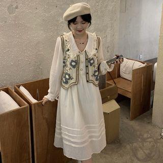 Long-sleeve Wide Collar Midi A-line Dress / Sweater Vest