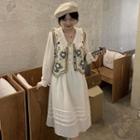 Long-sleeve Wide Collar Midi A-line Dress / Sweater Vest