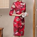 Elbow-sleeve Floral Qipao Dress
