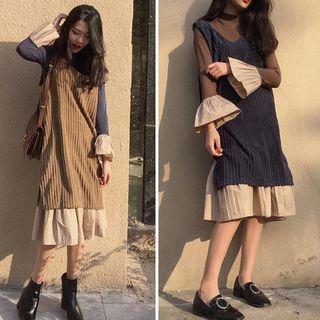 Set : Bell-sleeve Dress + Corduroy Tank Dress