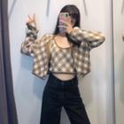 Cropped Checked Cardigan / Spaghetti Strap Knit Top