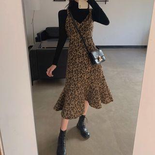Spaghetti Strap Leopard Print Midi Dress / Turtleneck Knit Top