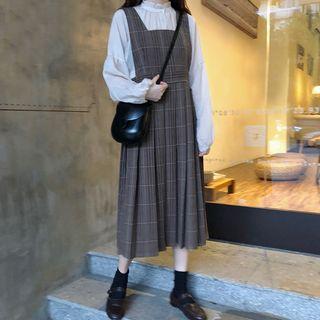 Plain Blouse / Plaid Midi Jumper Dress