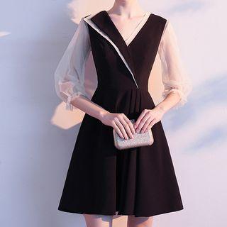 3/4-sleeve Mesh Panel Midi / Mini A-line Dress