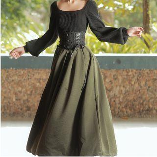 Puff-sleeve Knit Top / Midi Skirt / Set