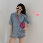 Elbow-sleeve Denim Shirt Light Blue - One Size