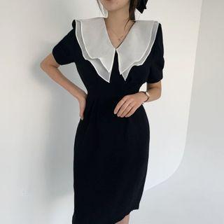 Short-sleeve Peter Pan Collar Layered Slim Fit Dress Black - One Size