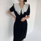 Short-sleeve Peter Pan Collar Layered Slim Fit Dress Black - One Size