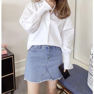 Plain Smocked-sleeve Shirt