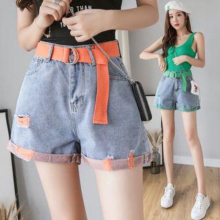 Color Block Ripped Wide-leg Denim Shorts