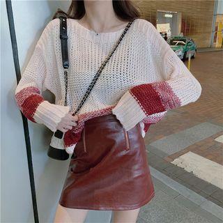 Contrast Trim Pointelle Sweater As Shown In Figure - One Size