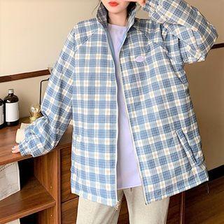 Plaid Loose-fit Lettering Zip-up Jacket