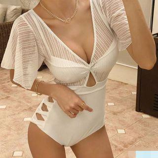 Elbow-sleeve Cut-out Mesh Panel Swimsuit
