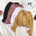 Plain Single-breasted Ruffled-trim Flare-sleeve Blouse