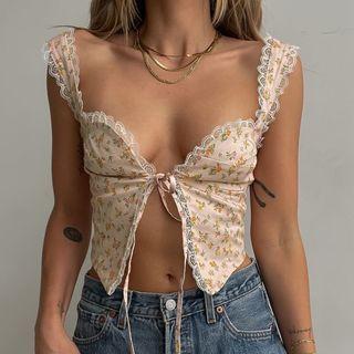 Floral Print Lace Trim Slit Camisole Top