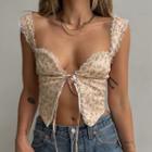 Floral Print Lace Trim Slit Camisole Top