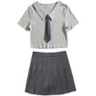 Short-sleeve Crop Shirt / Pleated Mini A-line Skirt / Set
