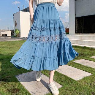 Tiered Lace Trim Midi A-line Skirt