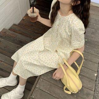 Short-sleeve Floral Print Midi A-line Dress Light Yellow - One Size