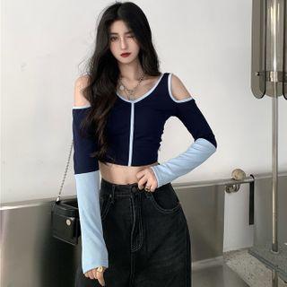 Cold Shoulder Two Tone Top Navy Blue - One Size