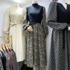 Long-sleeve Mock Two-piece Flower Print Midi Dress Floral - Black - One Size