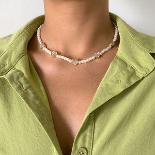 Heart Rhinestone Faux Pearl Choker 4421 - Gold - One Size