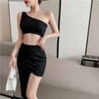 Set: Asymmetrical One-shoulder Cropped Top + A-line Skirt