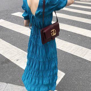 Short-sleeve Open Back Drawstring Shirred Dress