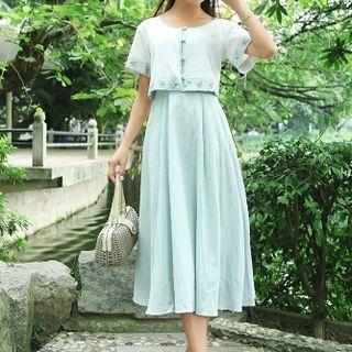 Set: Short-sleeve Embroidered Top + Sleeveless A-line Dress