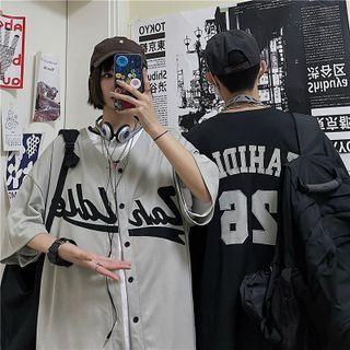 Elbow-sleeve Lettering Button-up Top