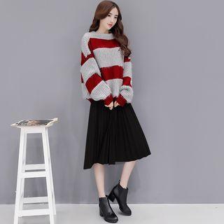 Set: Striped Sweater + Pleated A-line Skirt