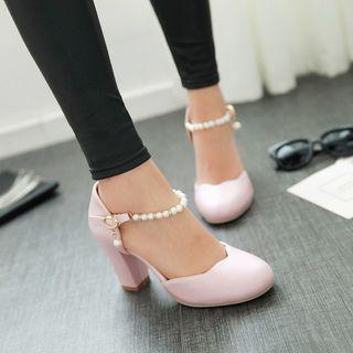Faux-leather Beaded Chunky-heel Sandals