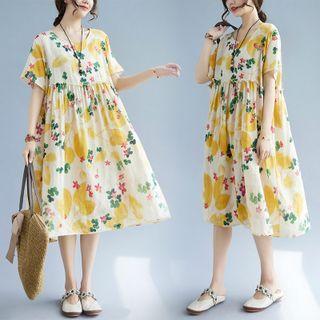 Short-sleeve Floral Midi A-line Dress Yellow Leaf - White - One Size