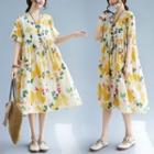 Short-sleeve Floral Midi A-line Dress Yellow Leaf - White - One Size
