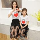 Set: Heart Print Family Matching T-shirt + Midi Lace Skirt
