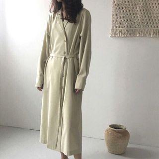 Long-sleeve Notch Lapel Asymmetrical Midi Shirt Dress Light Khaki - One Size