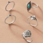 Set Of 5: Turquoise Alloy Ring (assorted Designs) 9316 - Silver - One Size