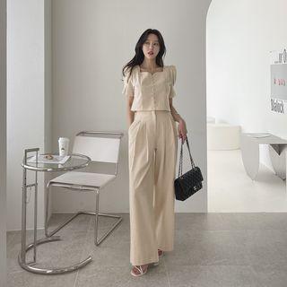 Set: Puff-shoulder Blouse + Wide-leg Pants