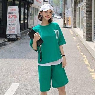 Set: 3/4-sleeve Lettering T-shirt + Sweat Shorts