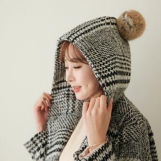 Hooded Faux-fur Trim Plaid Coat Black - One Size