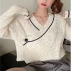 V-neck Cropped Sweater Melange White - One Size