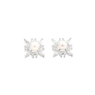 Sterling Silver Fashion And Elegant Snowflake Freshwater Pearl Stud Earrings With Cubic Zirconia Silver - One Size