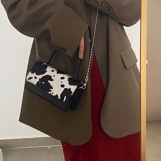 Cow Print Panel Shoulder Bag Black - One Size