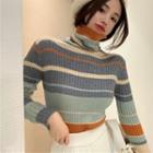 Turtleneck Striped Knit Top Gray - One Size