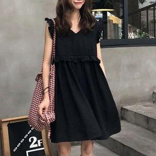 Ruffle Sleeveless A-line Dress Black - One Size