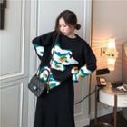 Patterned Sweater / High Waist Midi Skirt