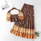 Set: Short-sleeve Floral Print Crop Top + Midi A-line Skirt