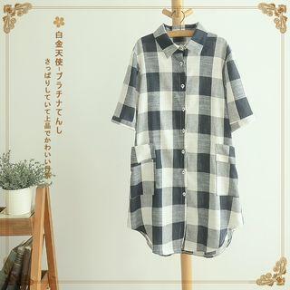 Short-sleeve Check Long Blouse